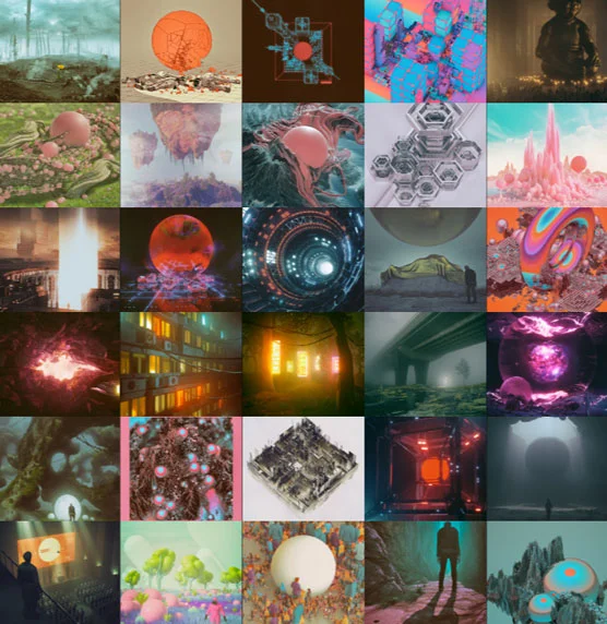 A colorful grid of thirty Beeple Everydays artworks